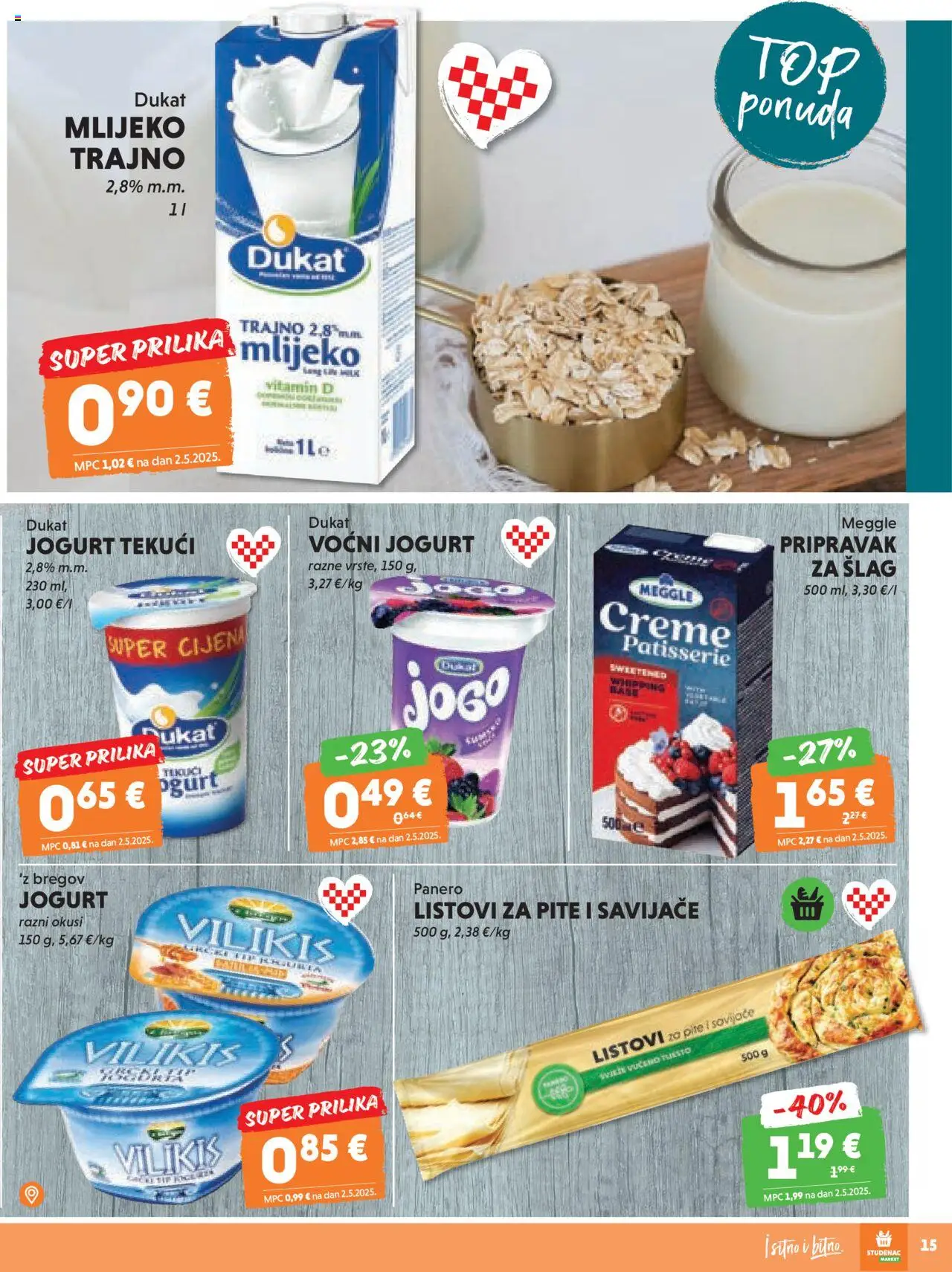 Studenac katalog | vrijedi od 13.08.2025 | Stranica: 15 | Proizvodi: Mlijeko, Jogurt, Voćni jogurt, Šlag