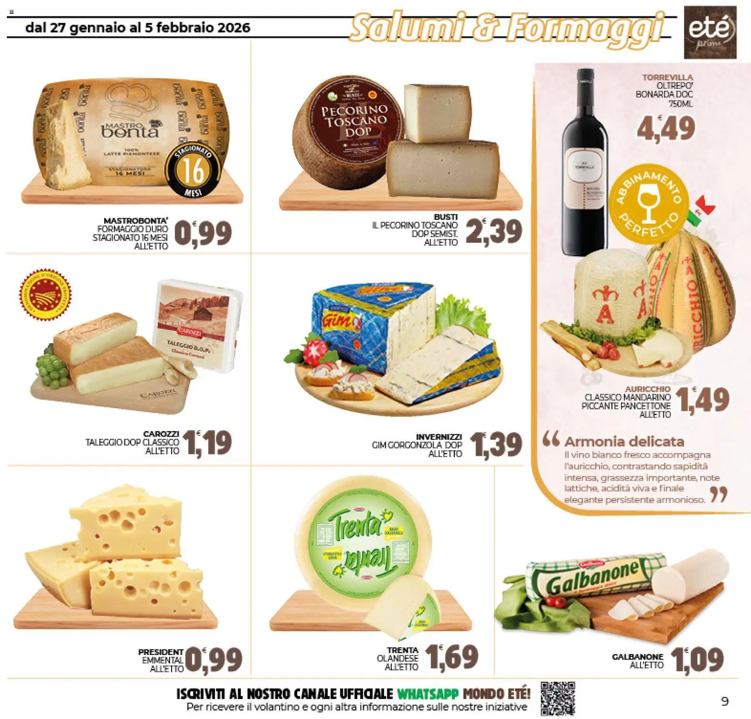 Volantino Eté del 27.01.2026 | Pagina: 9 | Prodotti: Vino, Gorgonzola, Pecorino, Emmental