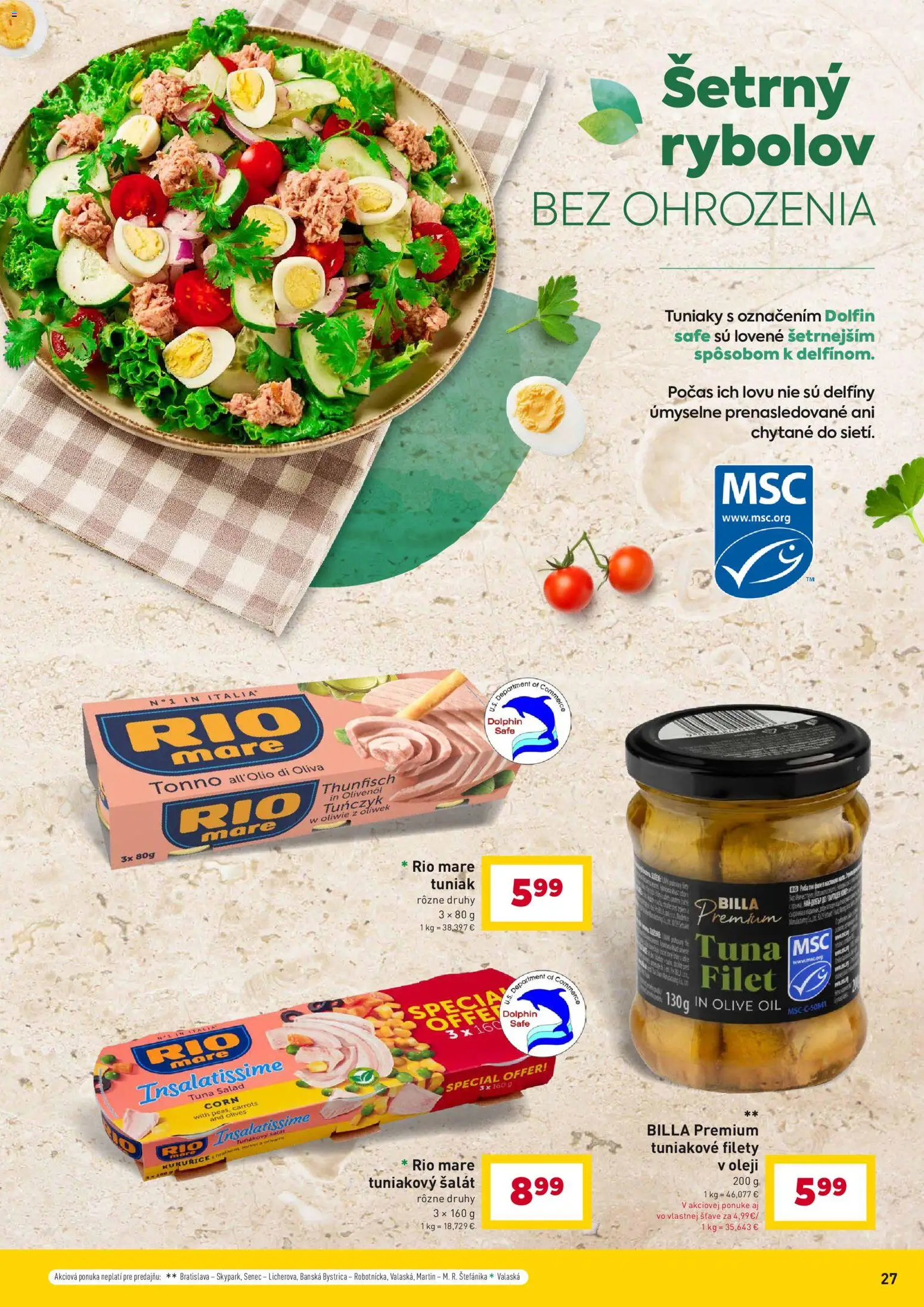Nové Billa akcie – leták je platný od 07.04.2026 | Strana: 27 | Produkty: Tuniak, Rio Mare, Šalát