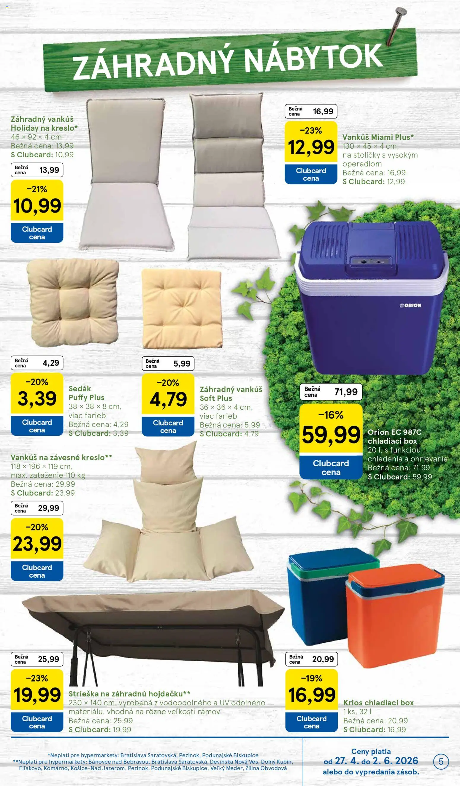 Nové Tesco akcie – leták je platný od 27.04.2026 | Strana: 5 | Produkty: Nábytok, Stoličky, Vankúš, Chladiaci box