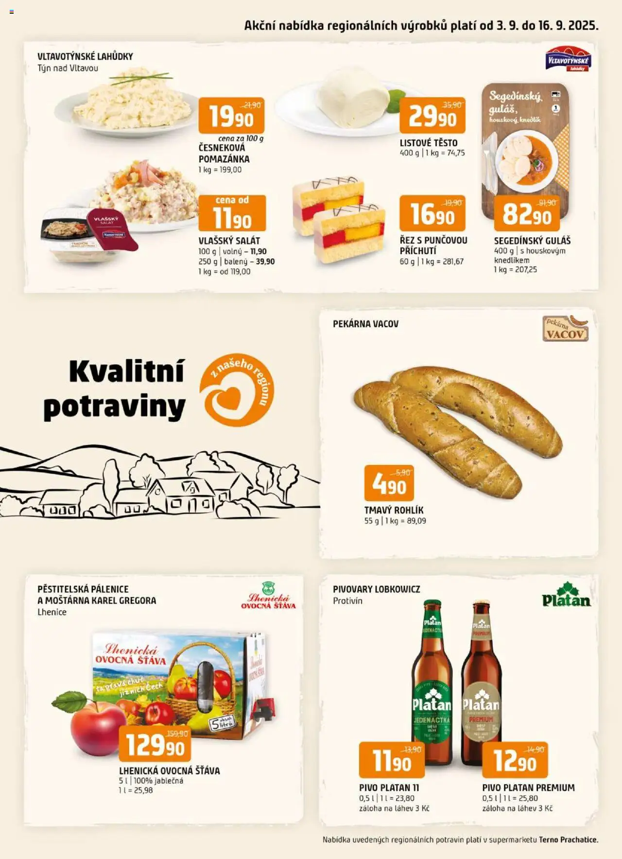 Terno leták - Prachatice od 03.09.2025 | Strana: 1 | Produkty: Pivo, Guláš, Pivo Platan, Těsto