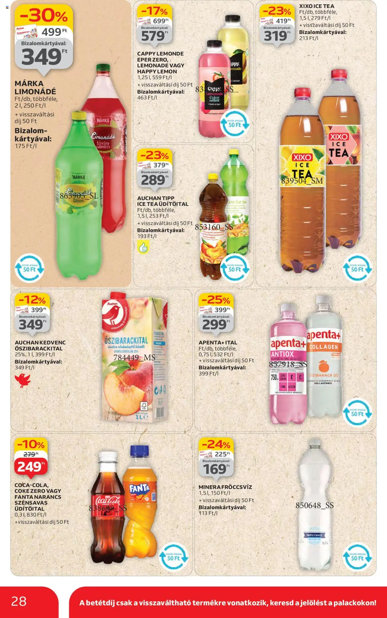 Auchan akciós ujság - amely érvényes a következő dátumtól: 26.06.2025 | Oldal: 28 | Termékek: Fanta, Cola, Limonádé, Narancs