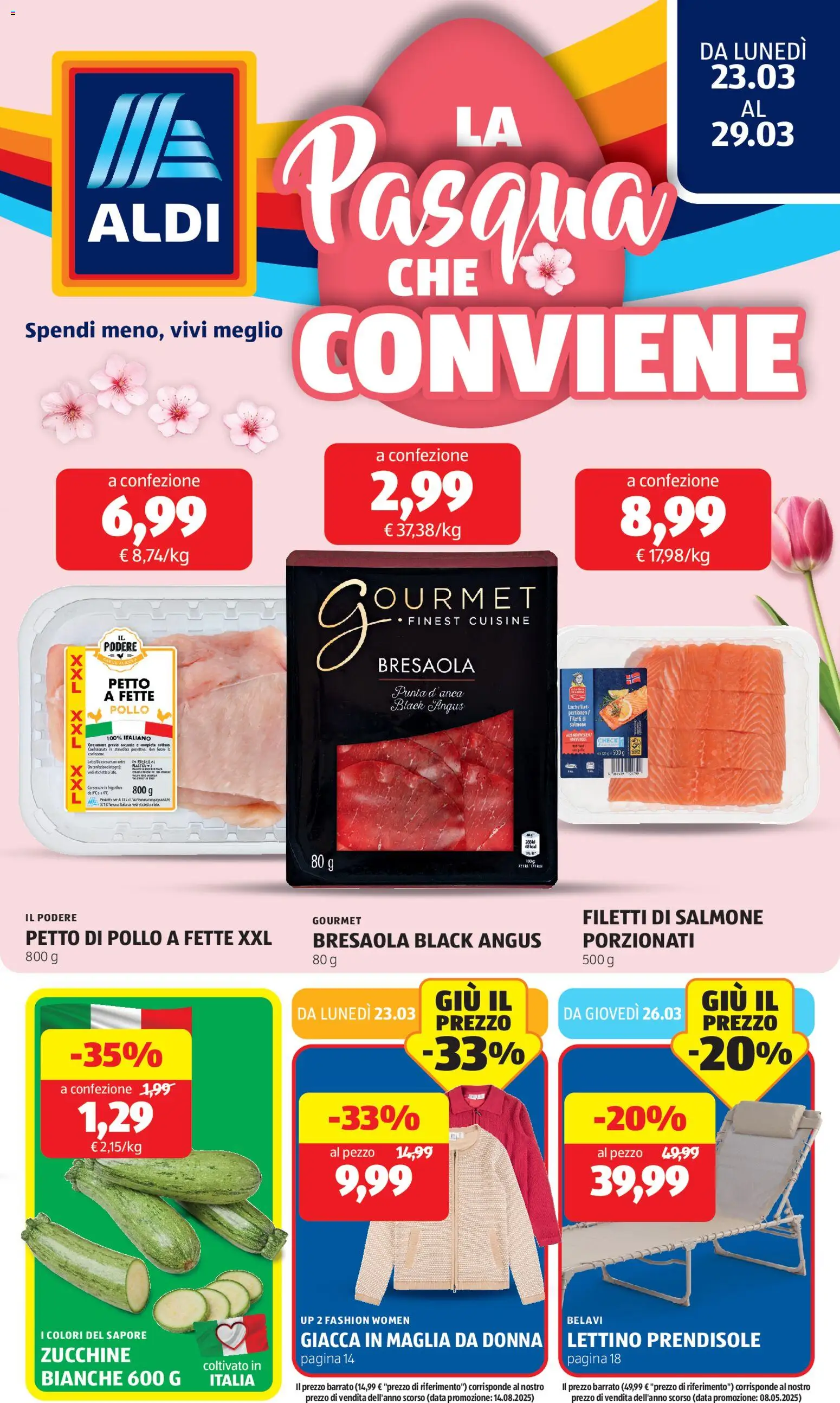 Volantino Aldi del 23.03.2026 | Pagina: 1 | Prodotti: Pollo, Salmone, Cardigan, Zucchine
