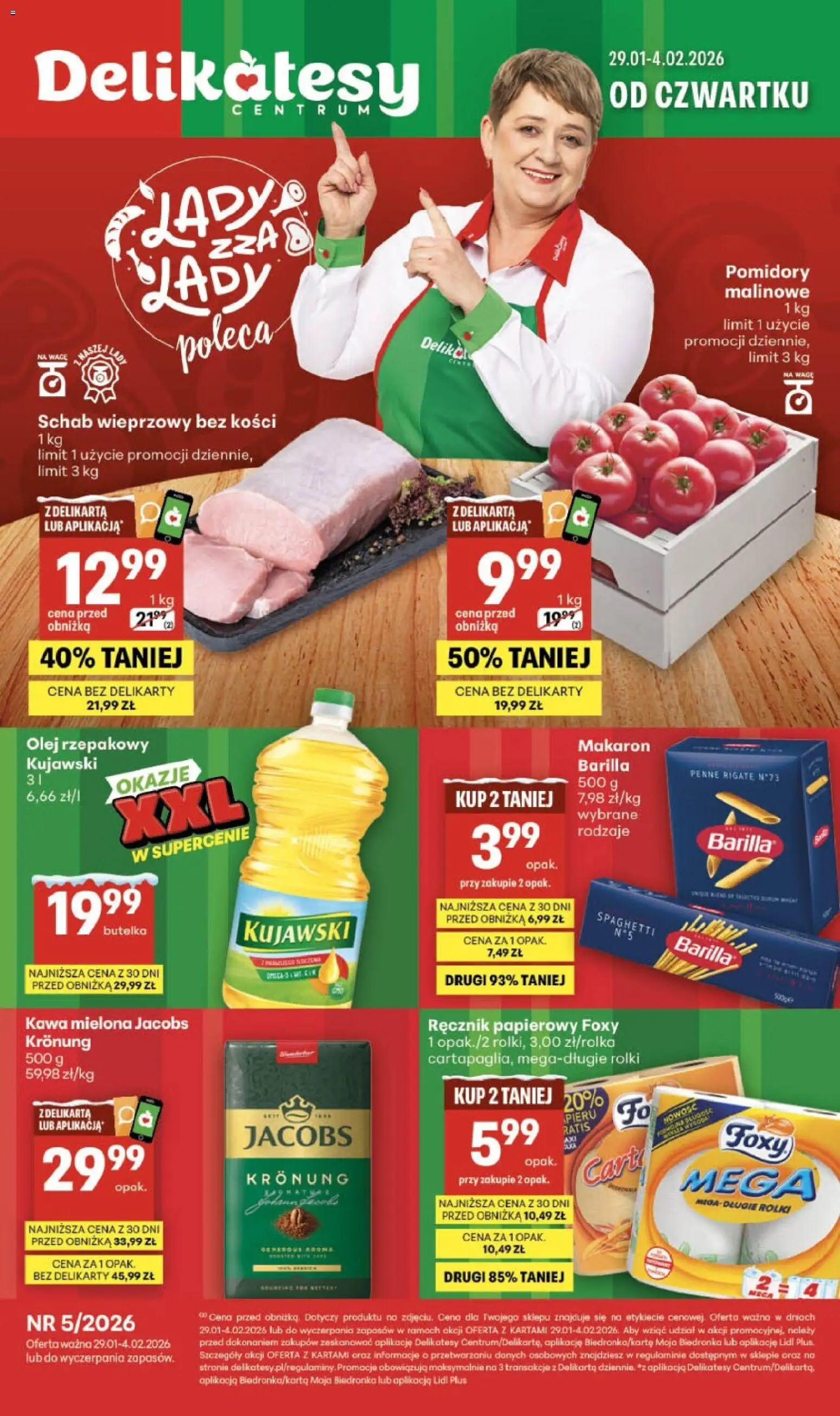 Delikatesy Centrum Gazetka od 29.01.2026 | Strona: 1 | Produkty: Penne, Schab wieprzowy bez kości, Delikatesy, Kawa