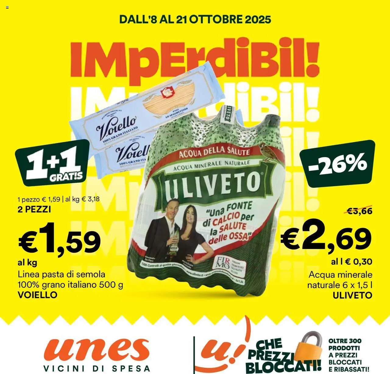 Volantino Unes del 08.10.2025 | Pagina: 1 | Prodotti: Acqua, Pasta, Acqua minerale