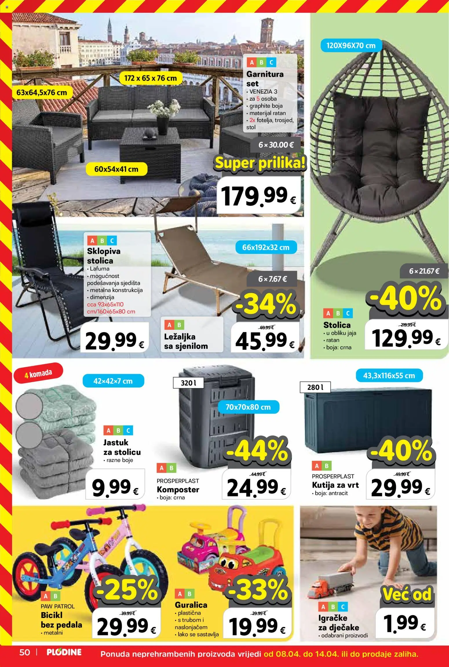 Plodine katalog | vrijedi od 08.04.2026 | Stranica: 50 | Proizvodi: Jastuk, Stol, Bicikl, Jaja