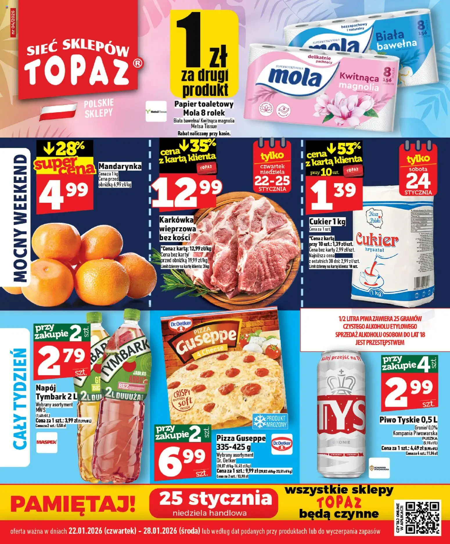 Topaz Gazetka MAZ od 22.01.2026 | Strona: 1 | Produkty: Papier toaletowy, Karkówka wieprzowa, Pizza, Piwo