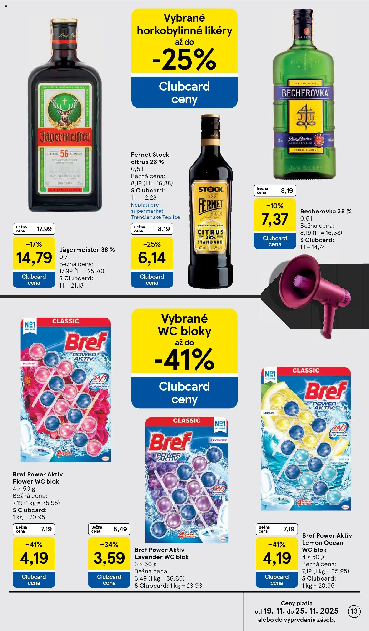 Nové Tesco akcie – leták je platný od 19.11.2025 | Strana: 13 | Produkty: Jägermeister, Wc blok, Fernet, Fernet Stock