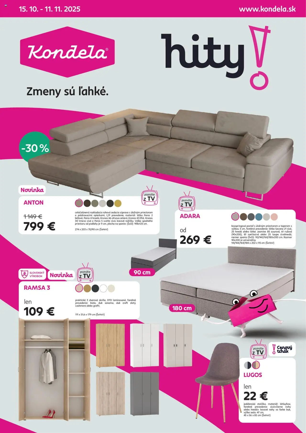 Nové Kondela akcie – leták je platný od 15.10.2025 | Strana: 1 | Produkty: Rohová sedacia súprava, Sedacia súprava, Tv, Svetlo