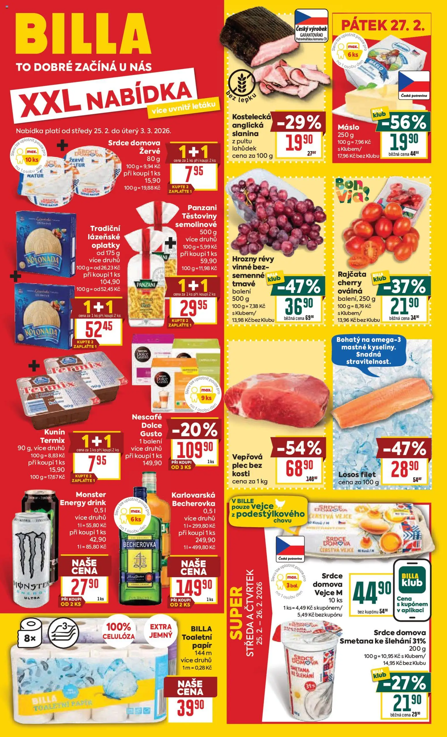 Billa Malý leták od 25.02.2026 | Strana: 1 | Produkty: Dolce Gusto, Smetana ke šlehání, Hrozny, Oplatky