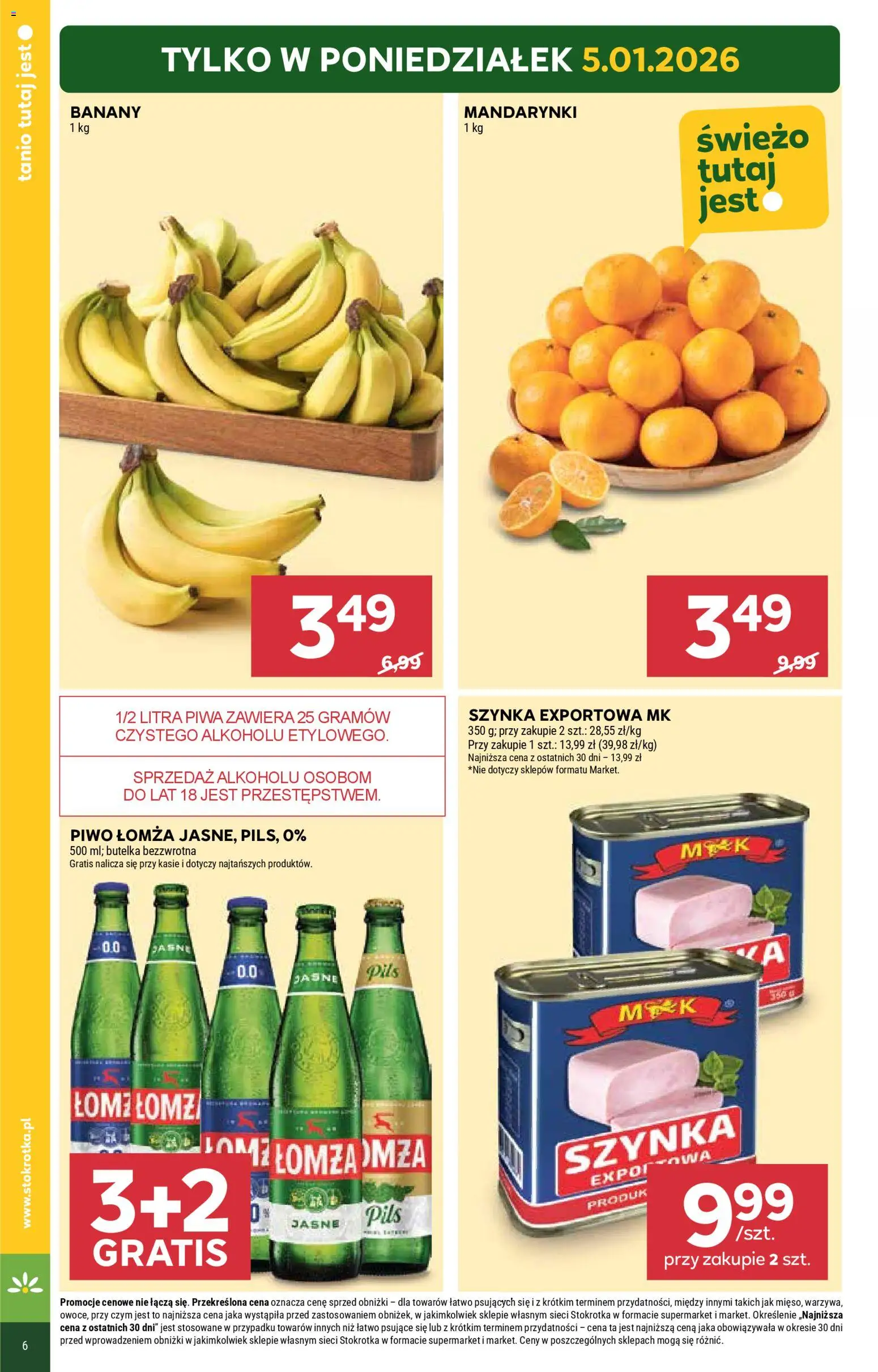 Stokrotka Gazetka - Supermarket od 05.01.2026 | Strona: 6 | Produkty: Stokrotka, Piwo, Banany, Mandarynki