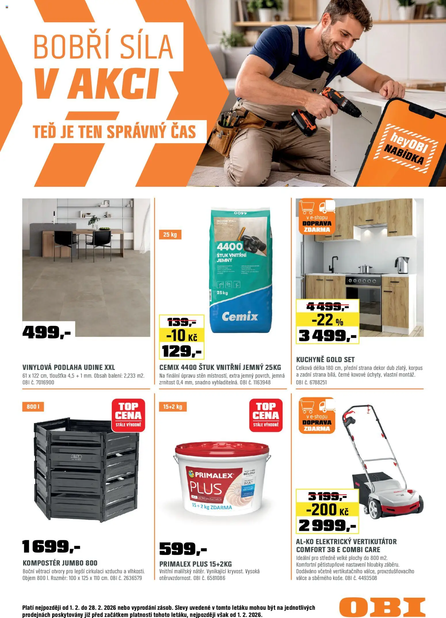 OBI leták - Bobří síla v akci od 01.02.2026 | Strana: 1 | Produkty: Vertikutátor, Primalex, Kompostér, Kuchyně