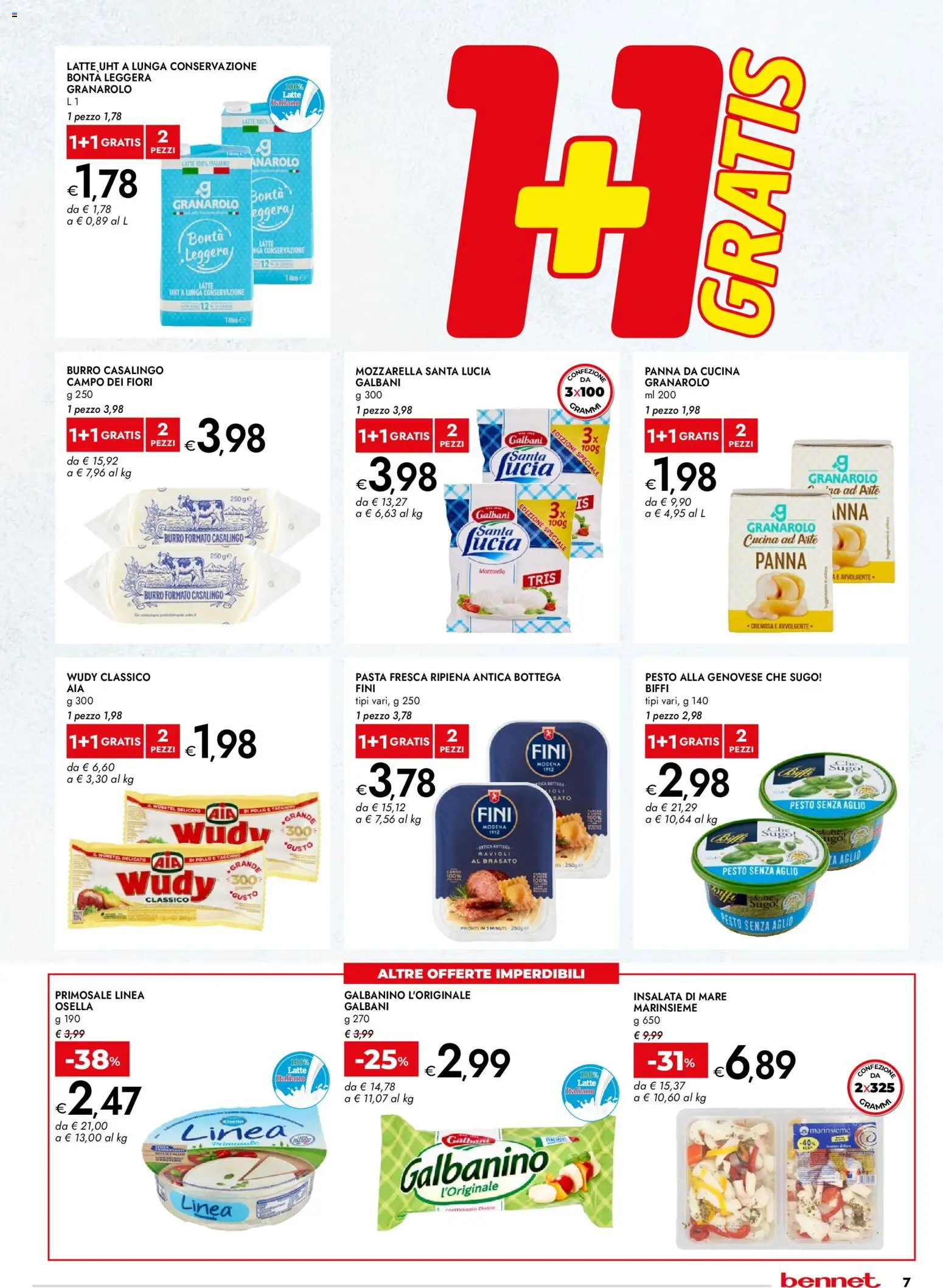 Volantino bennet del 23.04.2026 | Pagina: 7 | Prodotti: Mozzarella, Latte, Aglio, Pasta