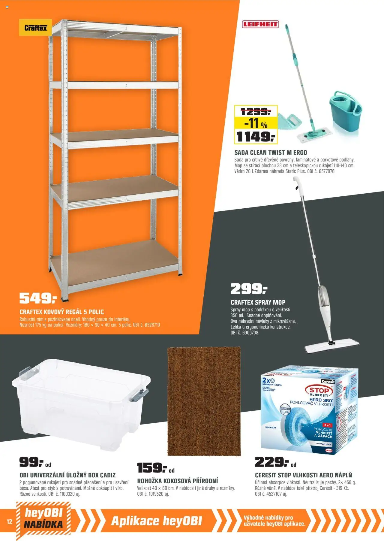 OBI leták - Karlovy Vary, Mladá Boleslav, Králův Dvůr od 01.10.2025 | Strana: 12 | Produkty: Box, Leifheit, Pohlcovač vlhkosti, Kovový regál