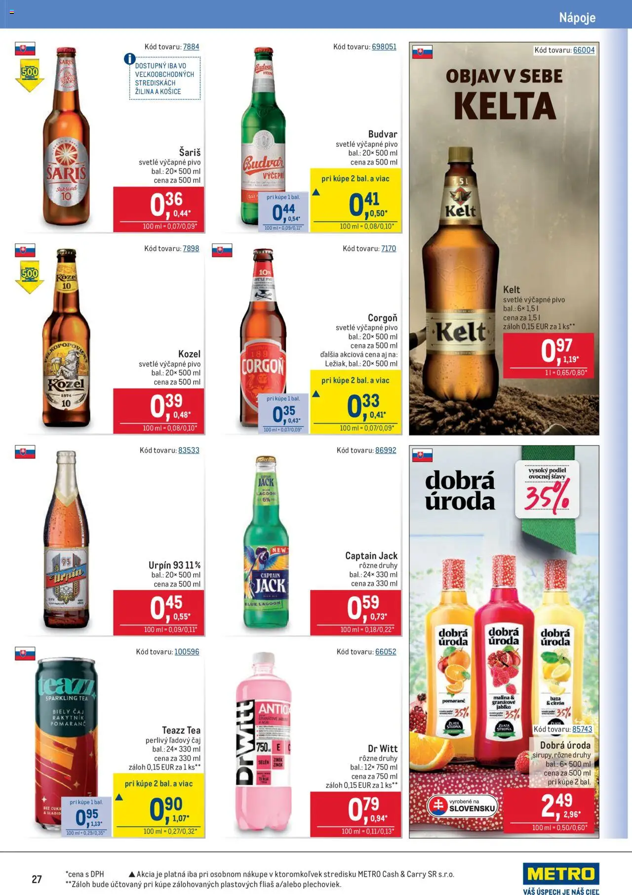 Nové Metro akcie – leták je platný od 10.09.2025 | Strana: 27 | Produkty: Čaj, Kelt, Šariš, Corgoň