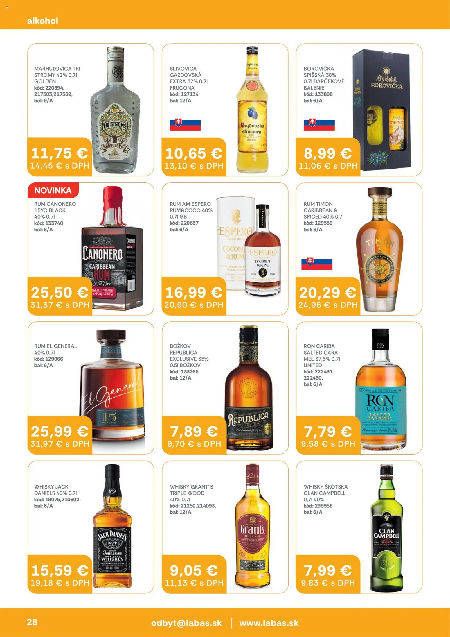 Nové Labaš akcie – leták je platný od 27.03.2026 | Strana: 28 | Produkty: Borovička, Republica, Slivovica, Alkohol