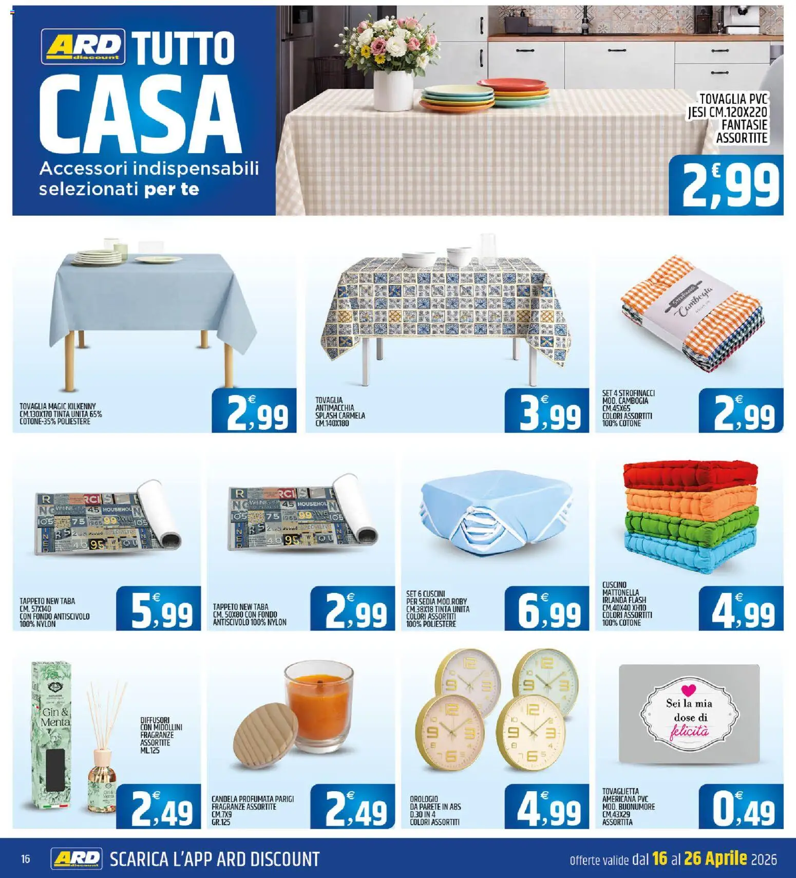 Volantino ARD Discount del 16.04.2026 | Pagina: 16 | Prodotti: Gin, Tovaglia, Strofinacci, Tappeto