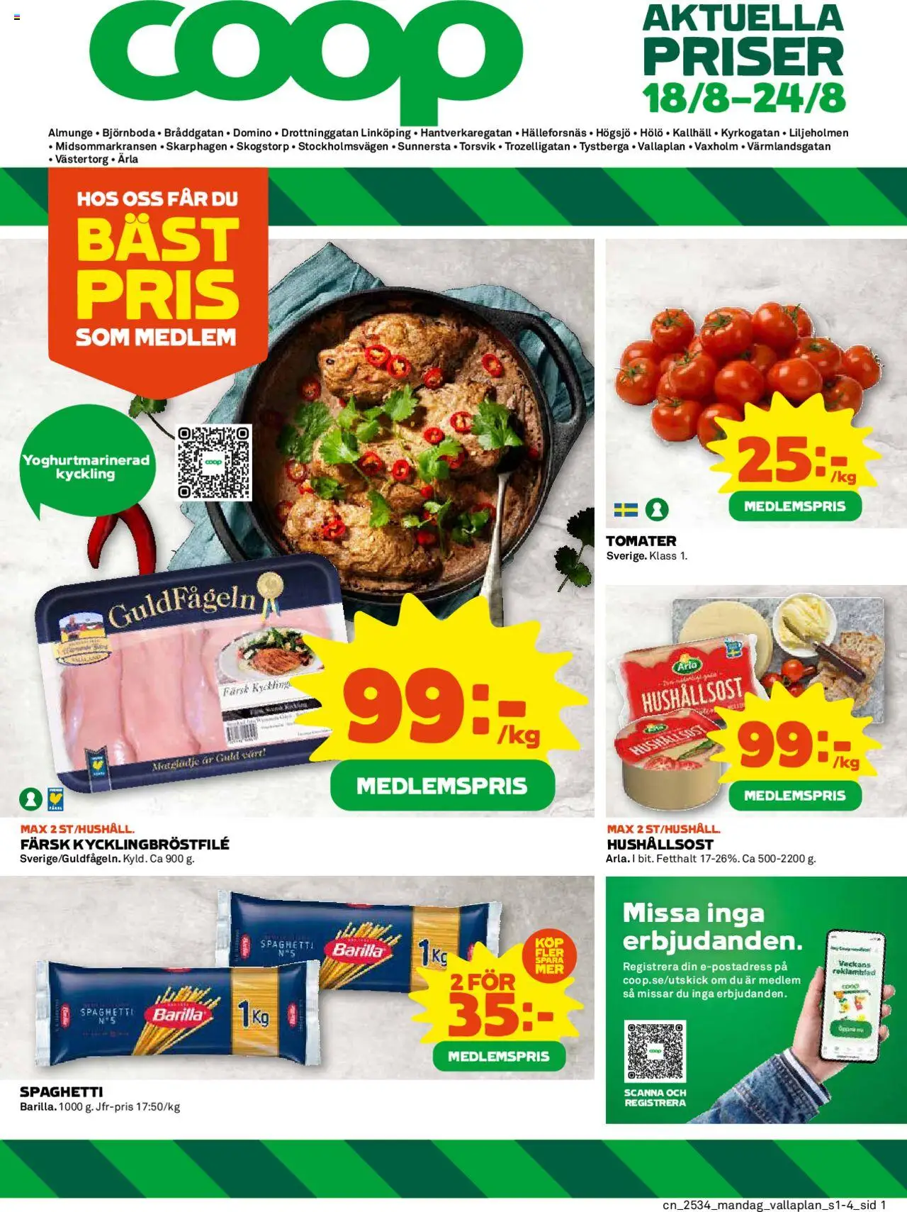 Coop reklamblad aktuell från 18.08.2025 | Sida: 1 | Produkter: Hushållsost, Tomater, Spaghetti