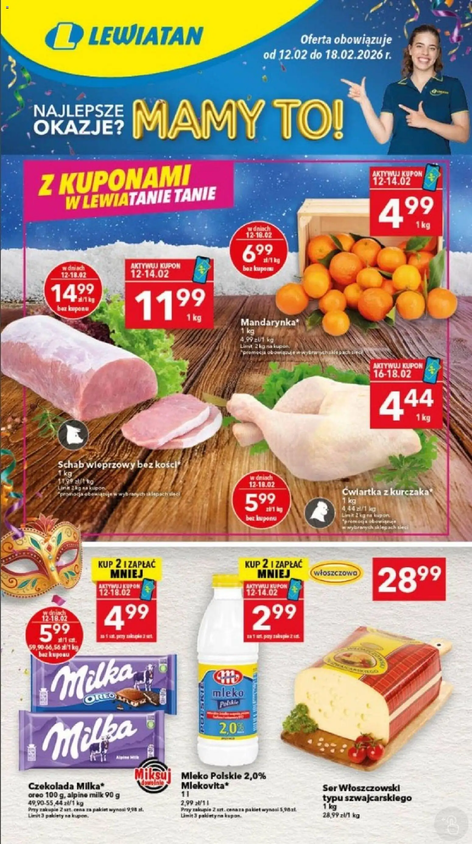 Lewiatan gazetka - Bydgoszcz od 12.02.2026 | Strona: 1 | Produkty: Schab, Milka, Mleko, Ser