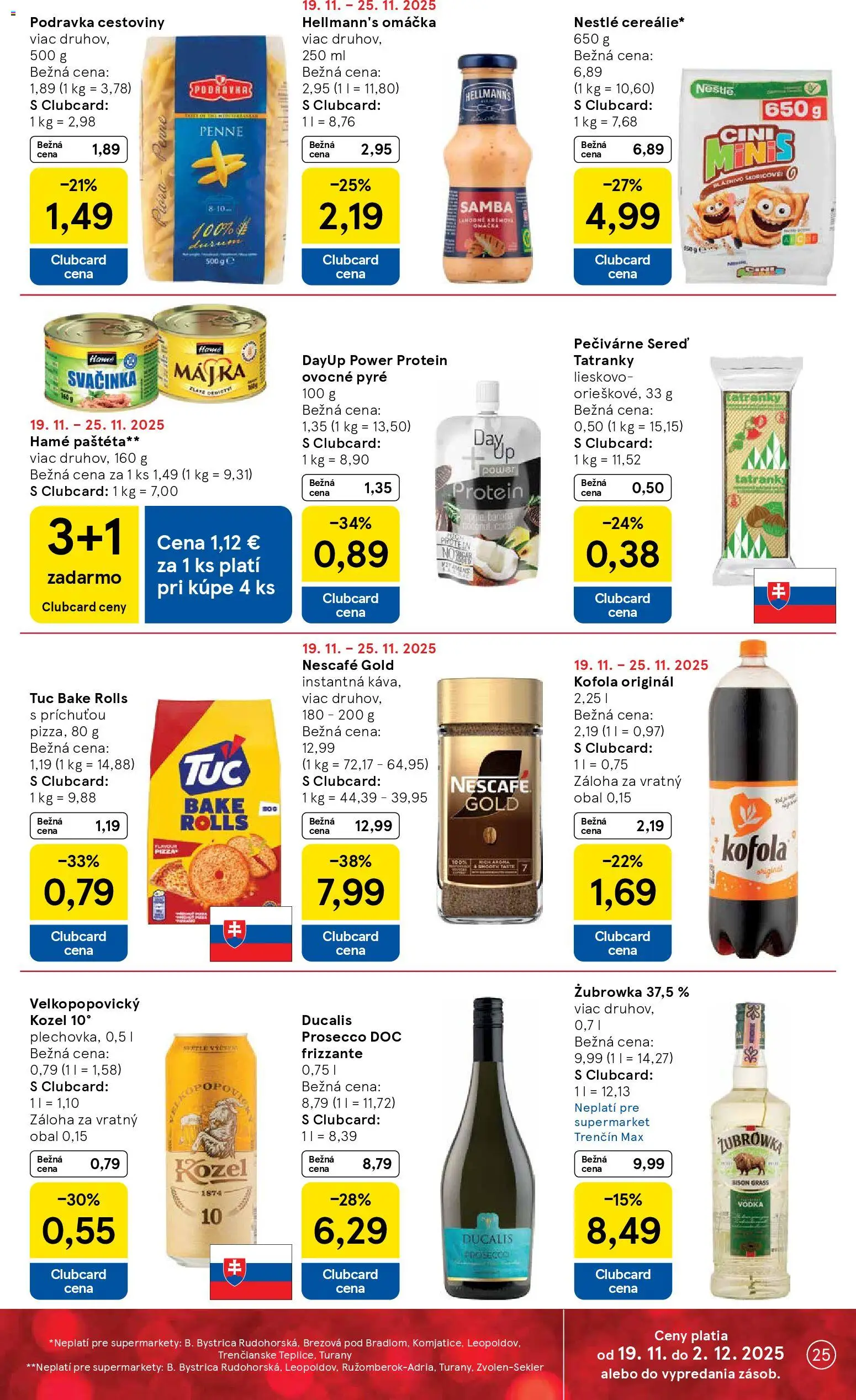 Nové Tesco akcie – leták je platný od 19.11.2025 | Strana: 25 | Produkty: Penne, Prosecco, Kofola, Nescafé Gold