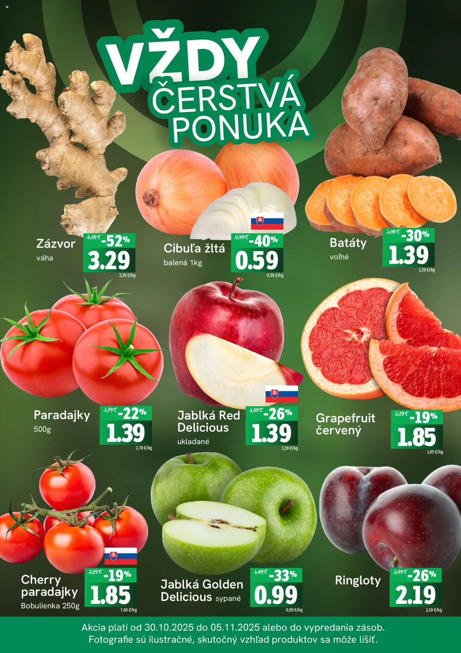 Nové Fresh akcie – leták je platný od 30.10.2025 | Strana: 3 | Produkty: Jablká, Cibuľa, Cherry paradajky, Váha