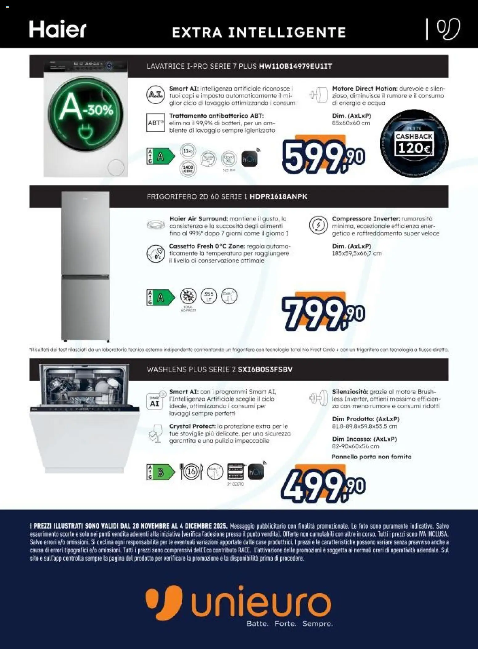 Volantino Unieuro del 20.11.2025 | Pagina: 5 | Prodotti: Compressore, Acqua, Lavatrice, Frigorifero