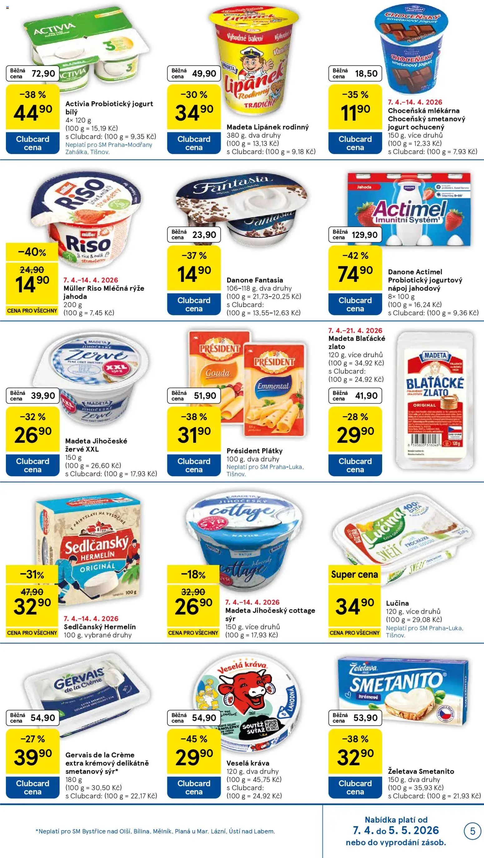 Tesco leták - Supermarket od 07.04.2026 | Strana: 5 | Produkty: Sedlčanský Hermelín, Gouda, Cream cheese, Jogurtový nápoj