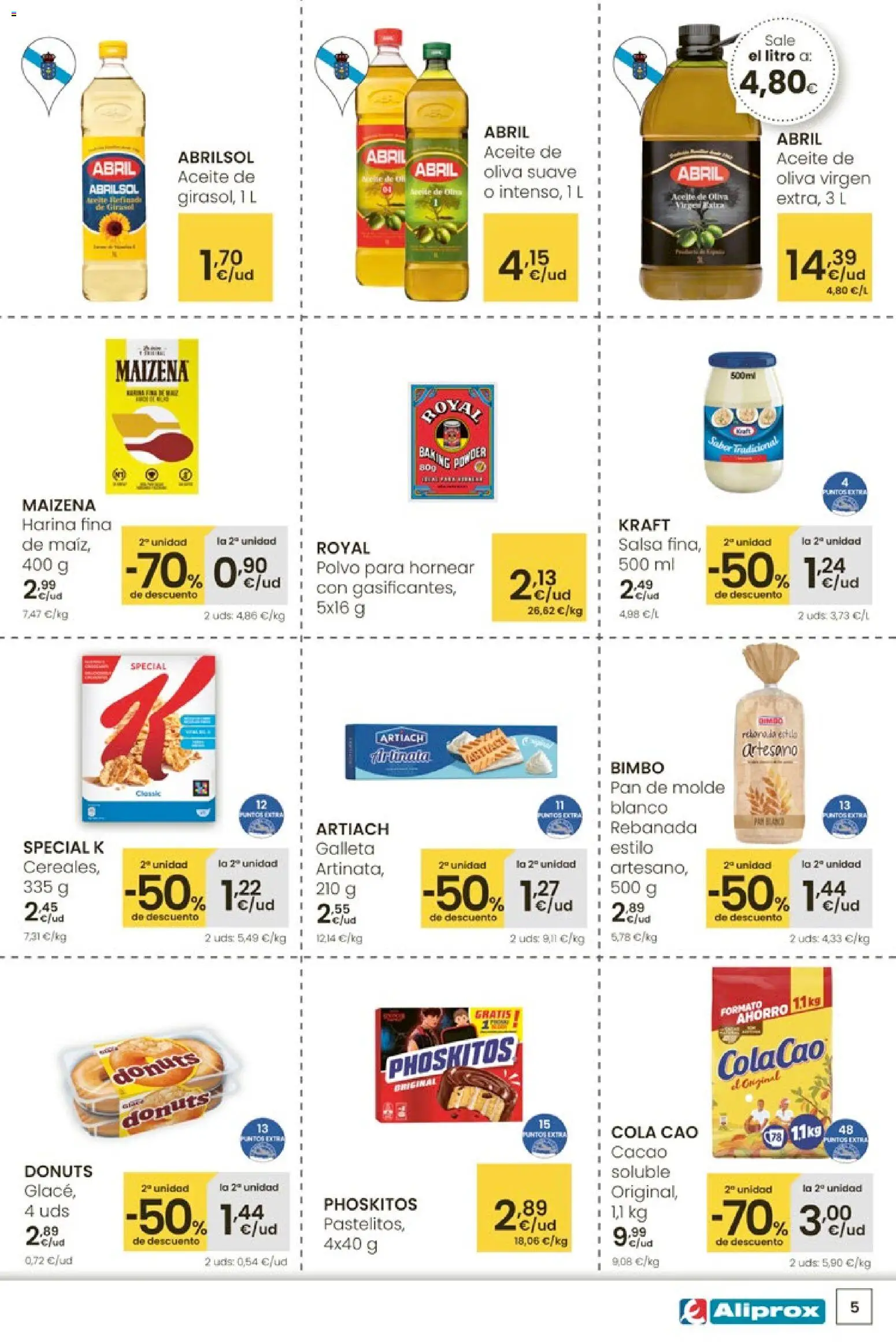 Eroski Aliprox  │ válido desde el 26.03.2026 | Página: 5 | Productos: Polvo, Aceite, Pan de molde, Donuts