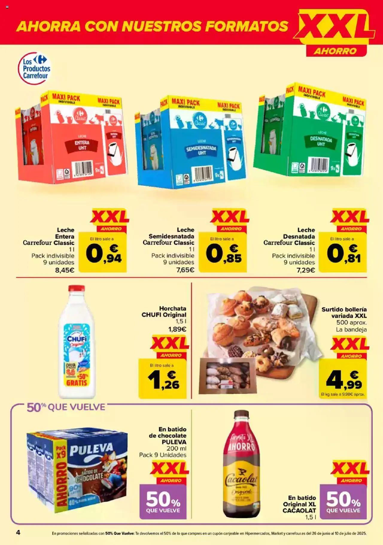 Carrefour folleto │ válido desde el 09.06.2025 | Página: 4 | Productos: Leche desnatada, Leche entera, Té, Bandeja
