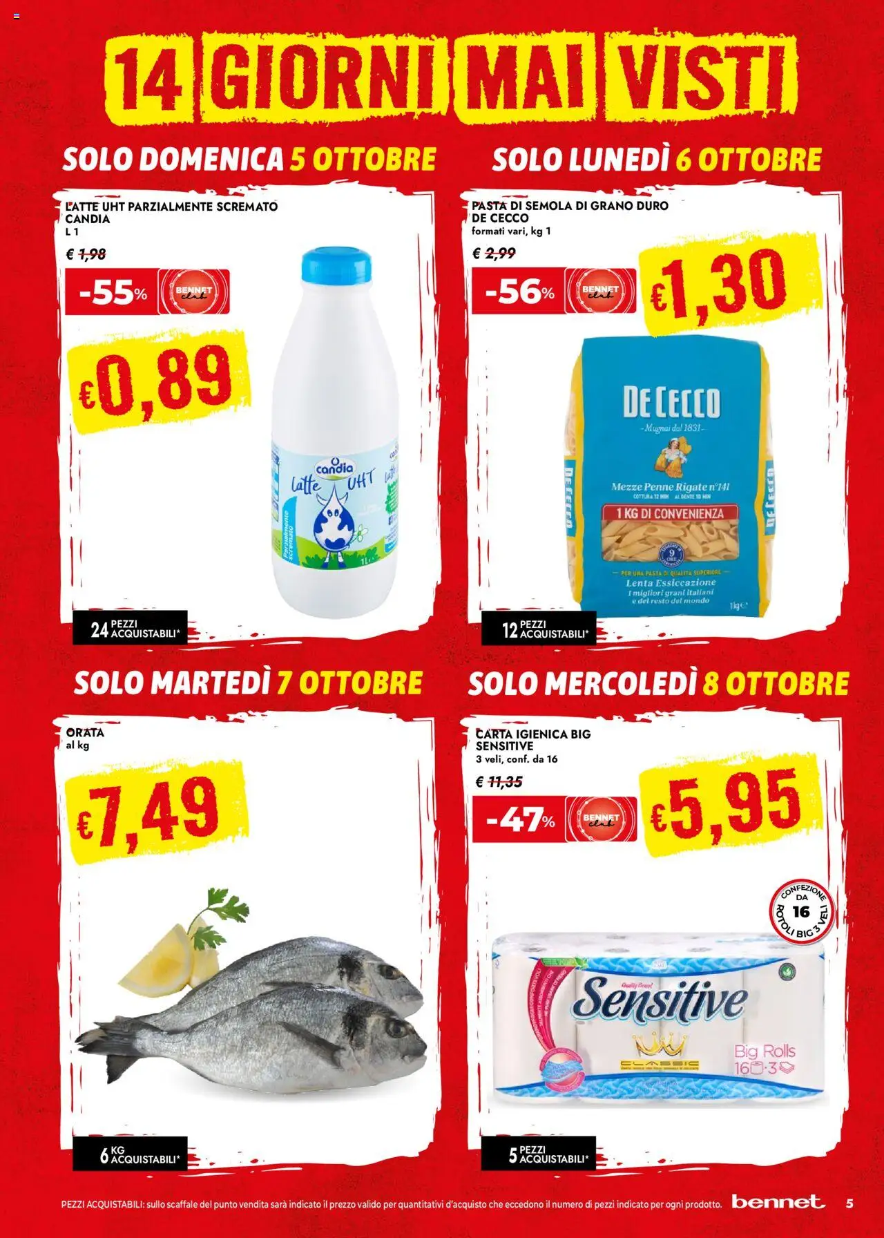 Volantino bennet del 25.09.2025 | Pagina: 5 | Prodotti: Carta igienica, Orata, Pasta, Scaffale