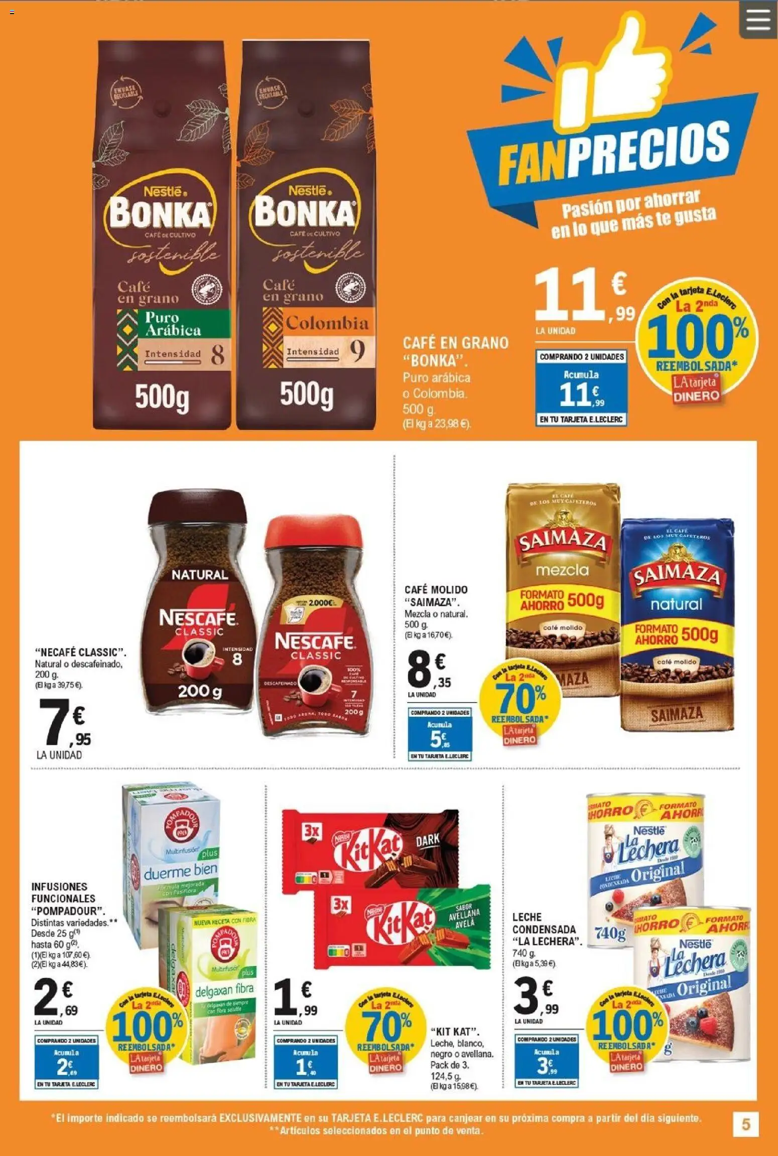 E.Leclerc - Fan precios │ válido desde el 11.02.2026 | Página: 5 | Productos: Leche, Café, Té, Café en grano