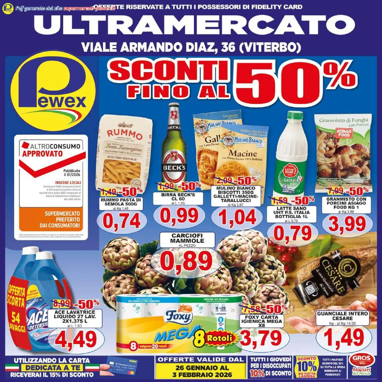 Volantino Pewex del 26.01.2026 | Pagina: 1 | Prodotti: Tè, Panna, Carciofi, Bottiglia