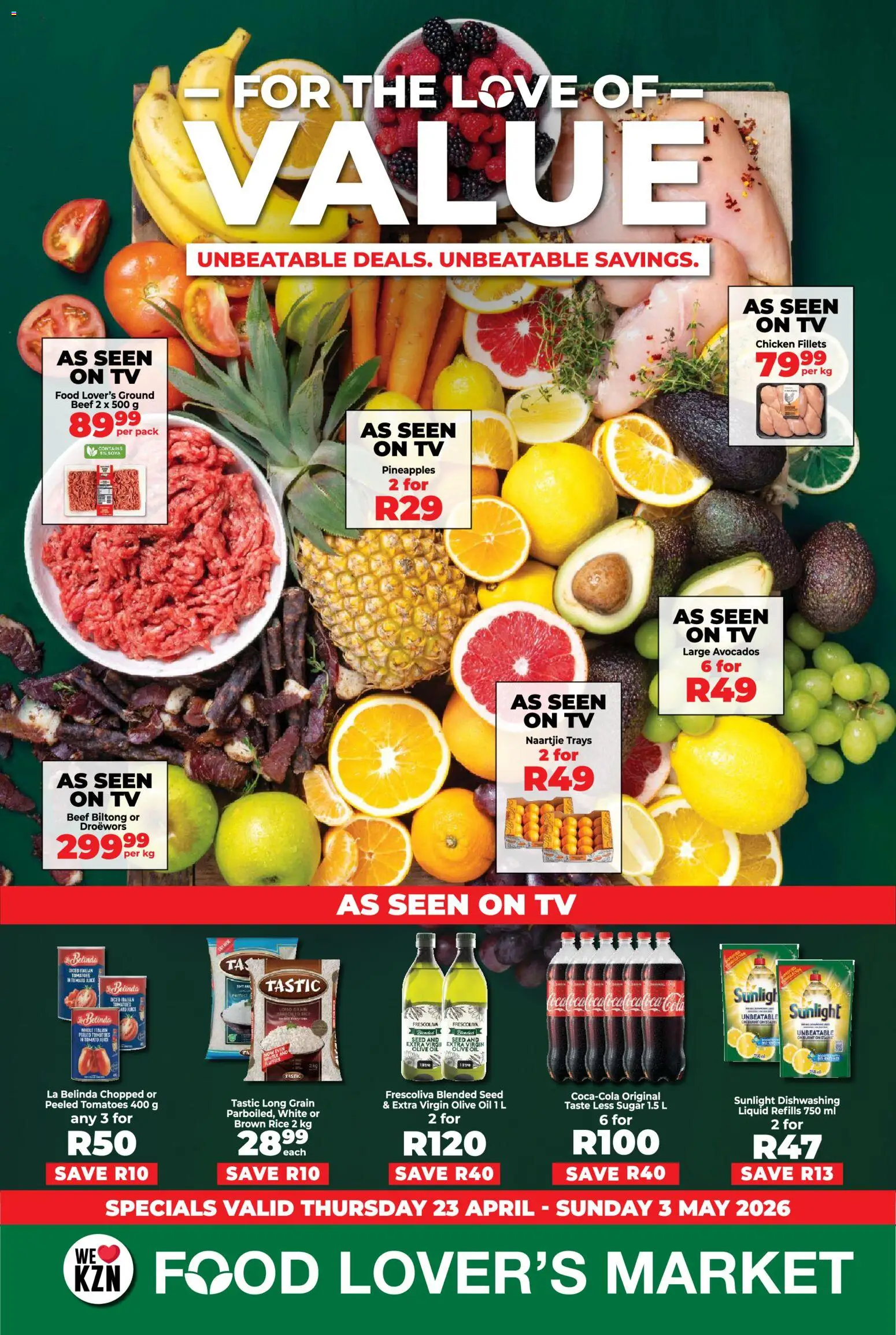 New Food Lover's Market catalogue – valid from 23.04.2026 | Page: 1 | Products: TV, Oil, Pineapple, Dishwashing liquid