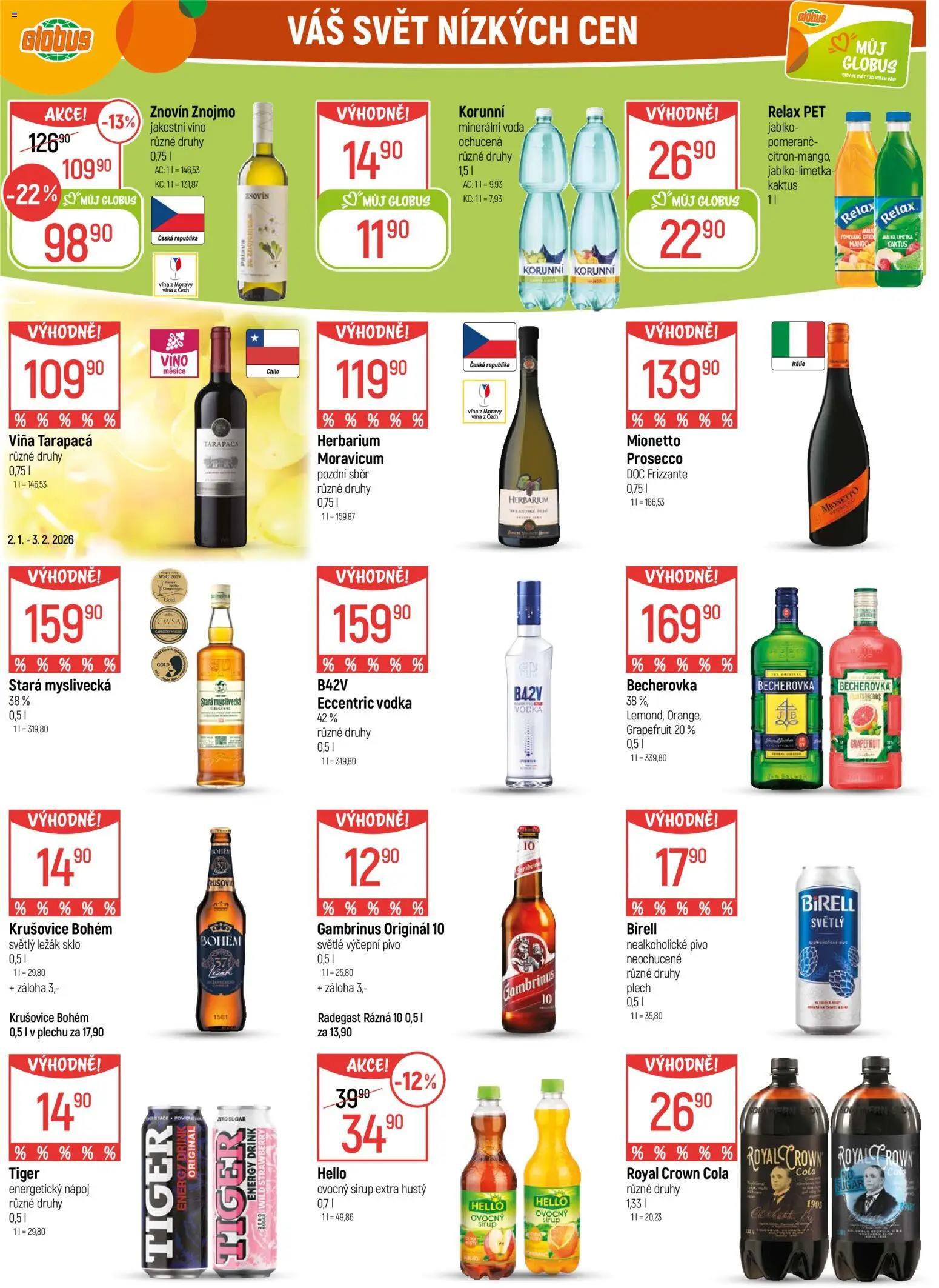 Globus leták - Praha-Štěrboholy od 02.01.2026 | Strana: 22 | Produkty: Tarapaca, Globus, Pivo, Royal Crown Cola