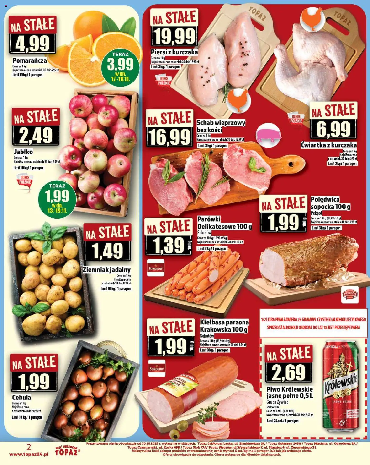 Topaz Gazetka - Ceny małe na stałe od 13.11.2025 | Strona: 2 | Produkty: Kiełbasa, Schab wieprzowy, Parówki, Piwo