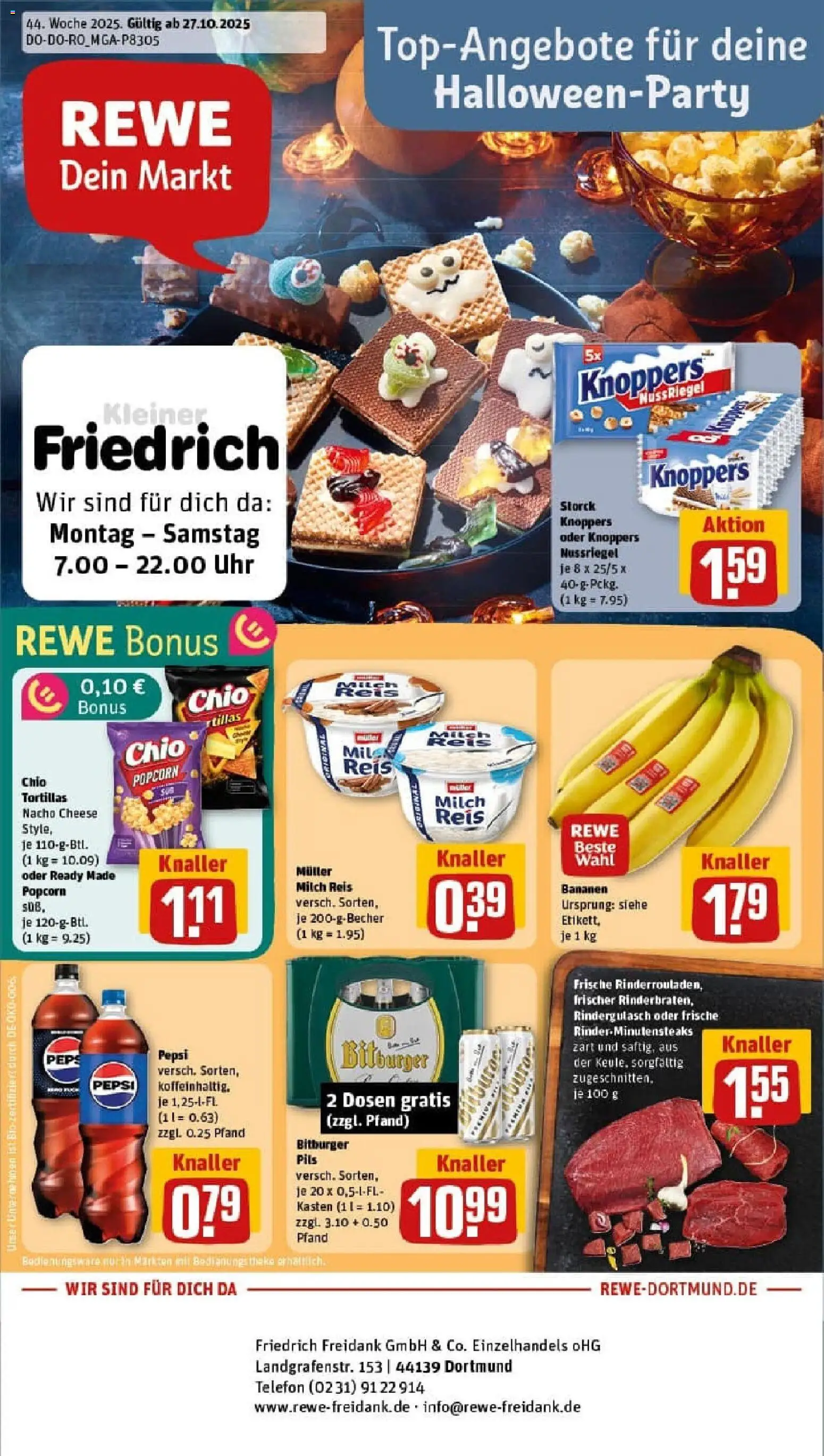 Rewe prospekt Dortmund	 – gültig ab 26.10.2025 | Seite: 1 | Produkte: Rindergulasch, Milch, Chio tortillas, Reis