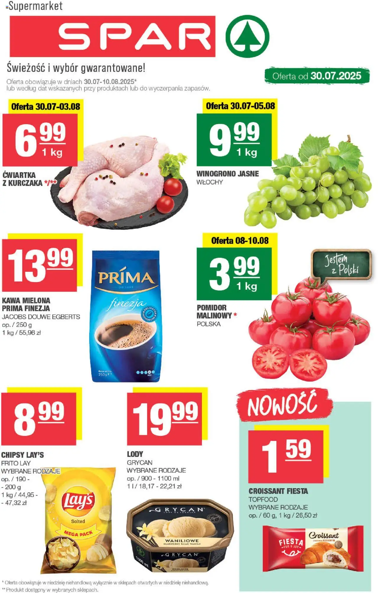 Spar Gazetka od 30.07.2025 | Strona: 1 | Produkty: Chipsy, Winogrono, Kawa, Lody
