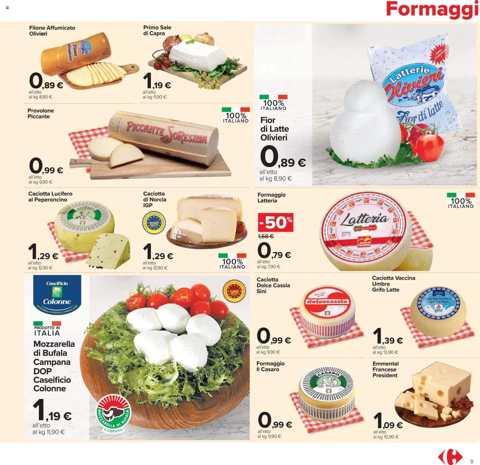 Volantino Carrefour del 07.04.2026 | Pagina: 9 | Prodotti: Provolone, Sale, Latte, Emmental