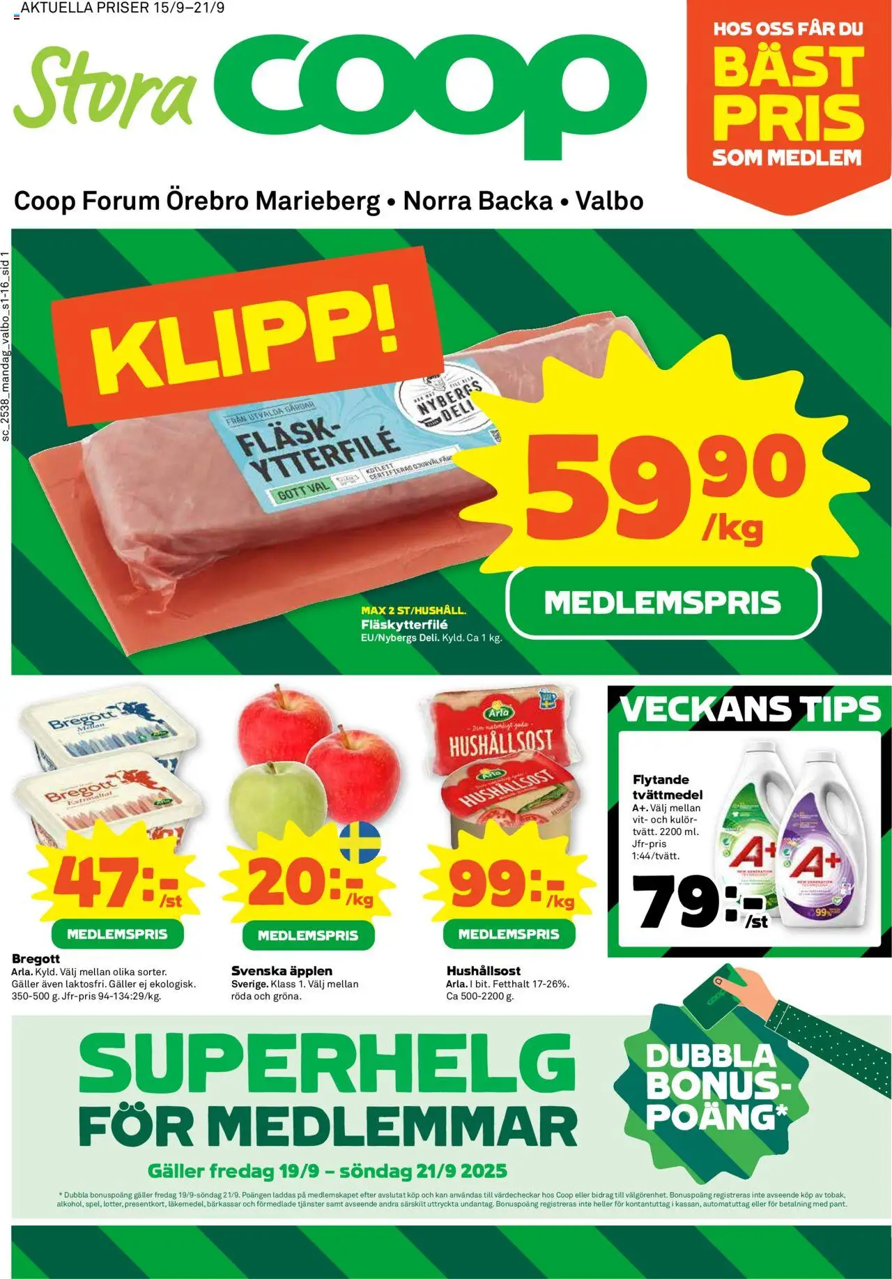 Coop Forum reklamblad aktuell från 15.09.2025 | Sida: 1 | Produkter: Galler, Hushållsost, Fläsk, Äpplen