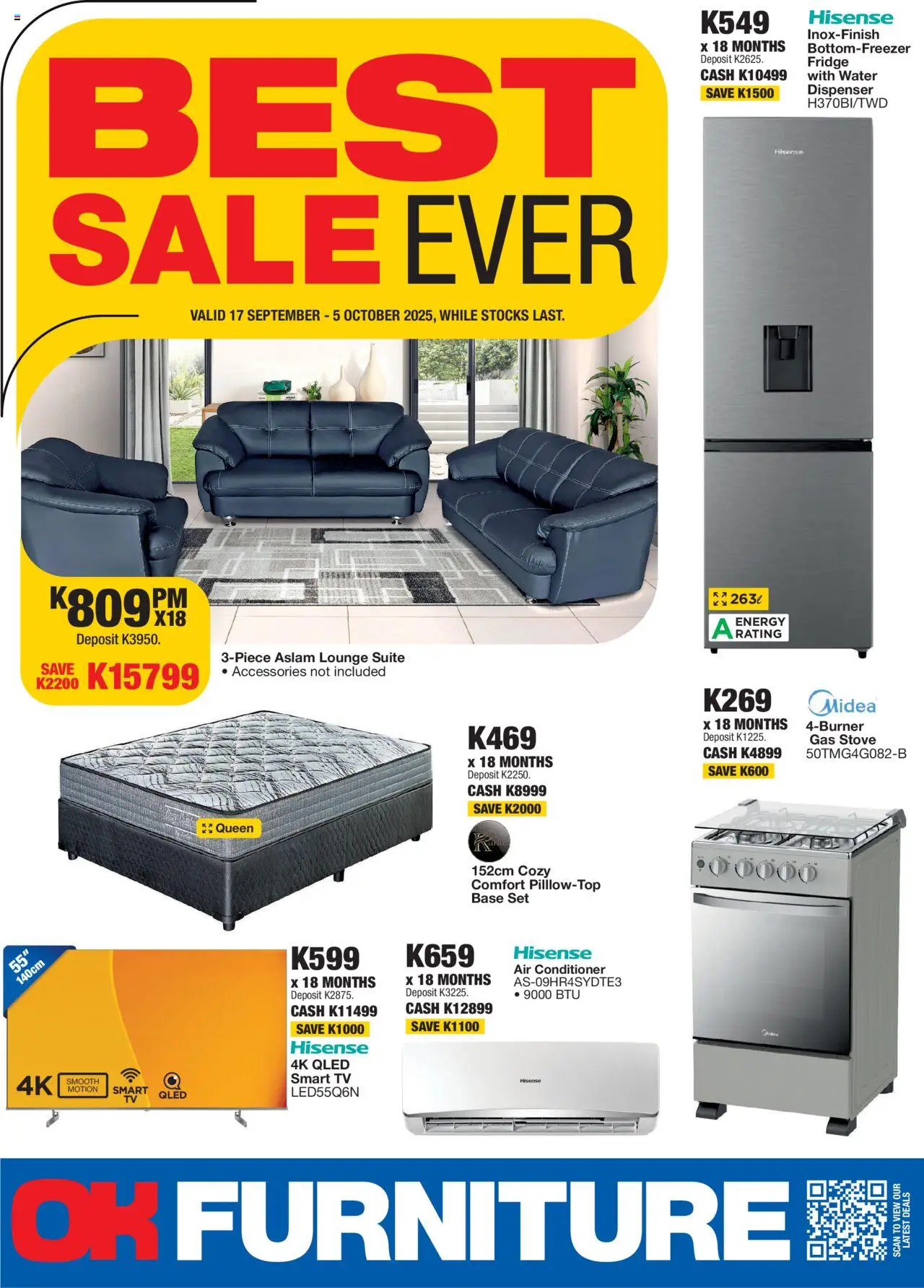 New OK Furniture catalogue – valid from 17.09.2025 | Page: 1 | Products: Stove, TV, Lounge suite, Conditioner