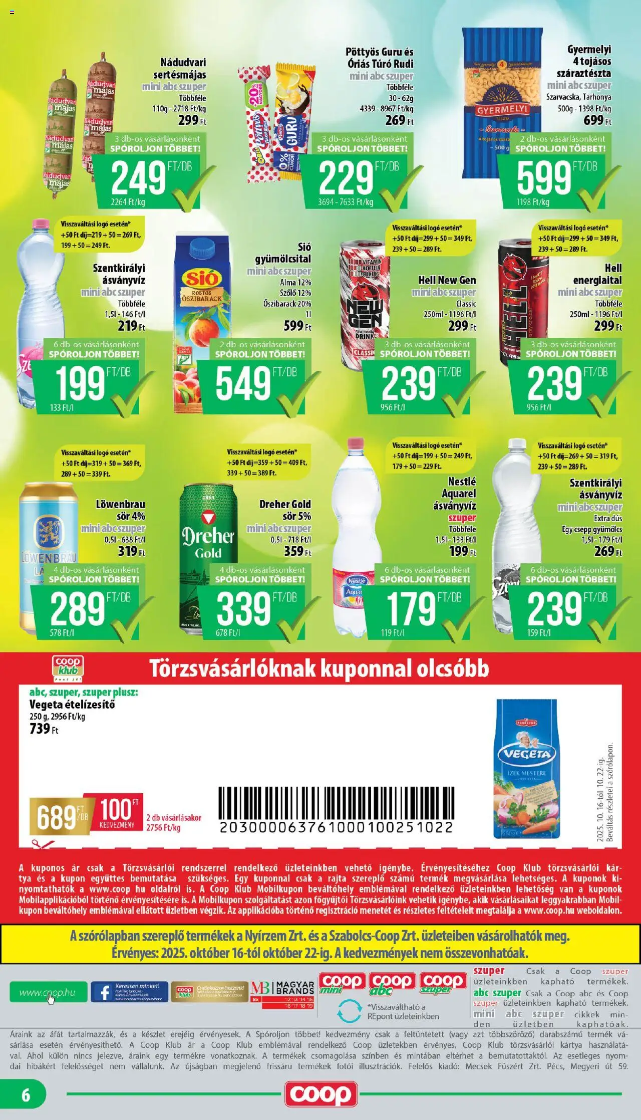 COOP akciós ujság - amely érvényes a következő dátumtól: 16.10.2025 | Oldal: 6 | Termékek: Vegeta, Ásványvíz, Tészta, Ételízesítő