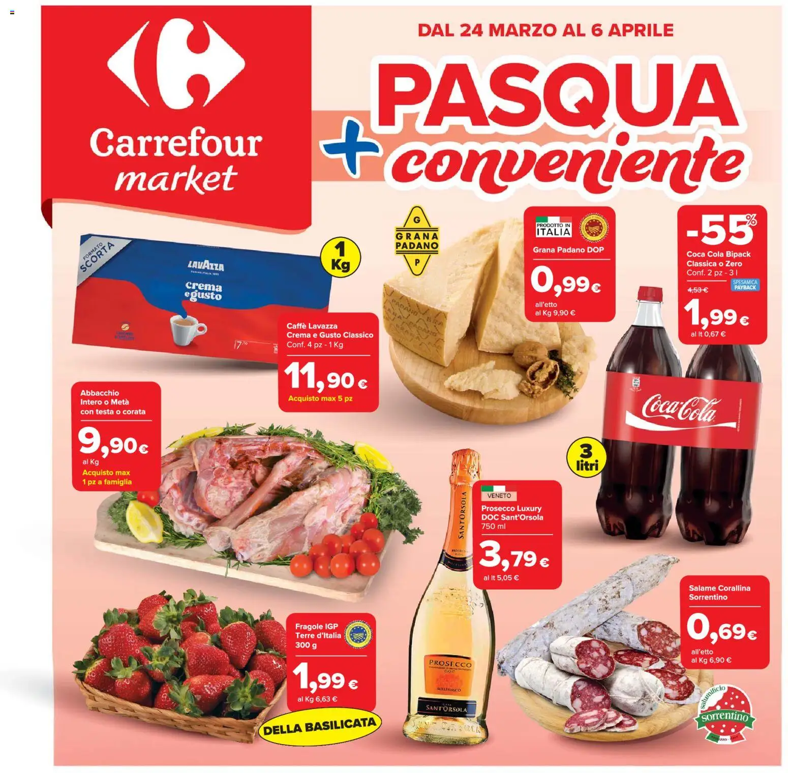 Volantino Carrefour del 24.03.2026 | Pagina: 1 | Prodotti: Salame, Grana Padano, Lavazza, Coca Cola