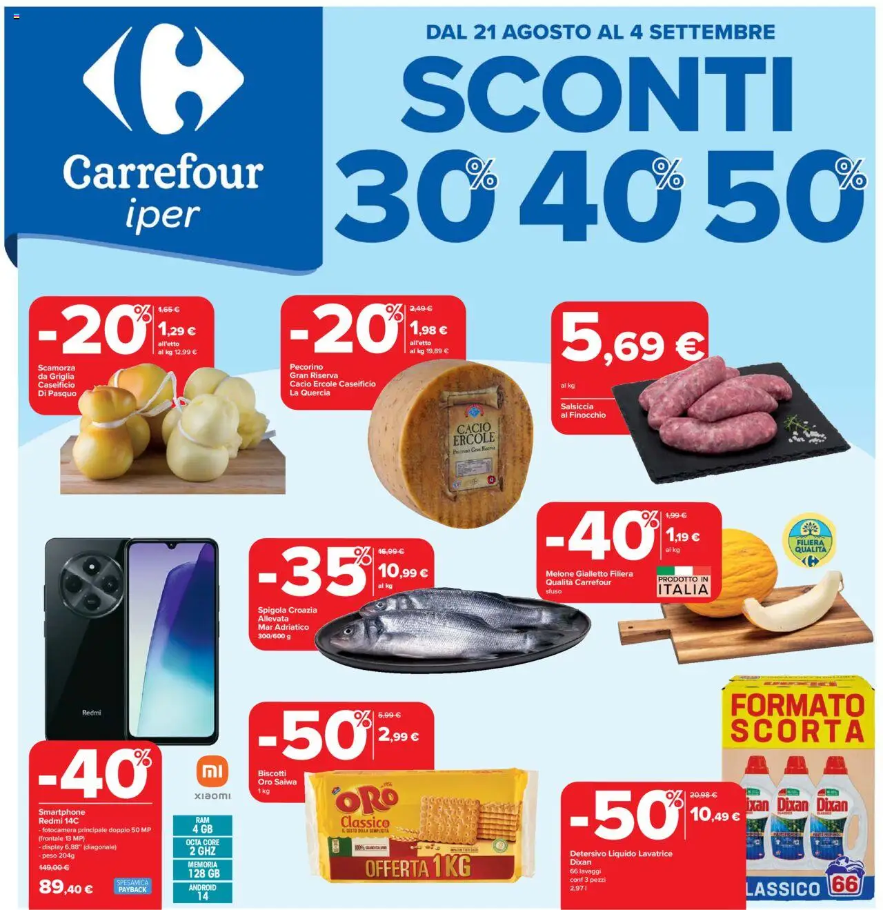 Volantino Carrefour del 21.08.2025 | Pagina: 1 | Prodotti: Biscotti, Lavatrice, Melone, Fotocamera