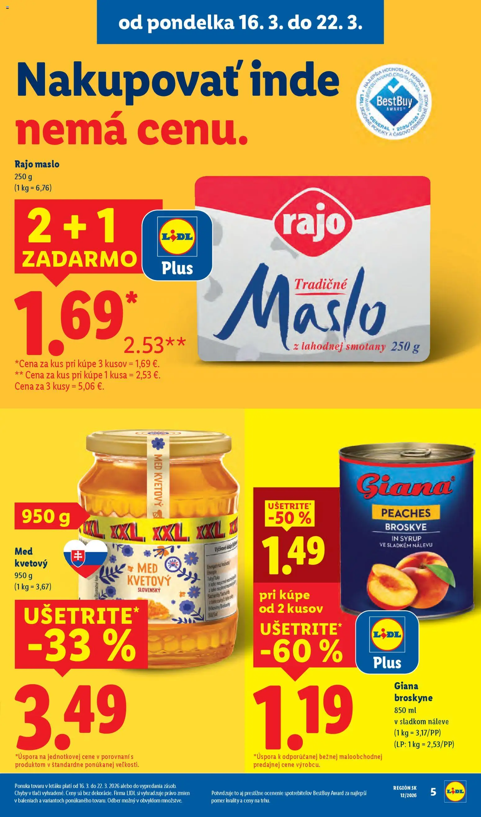 Nové Lidl akcie – leták je platný od 16.03.2026 | Strana: 17 | Produkty: Maslo, Med, Broskyne