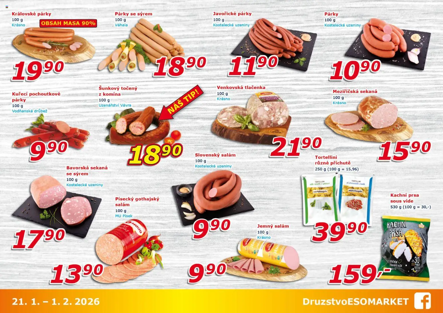 Eso market leták od 21.01.2026 | Strana: 3 | Produkty: Salám, Sous vide, Párky, Kachní prsa
