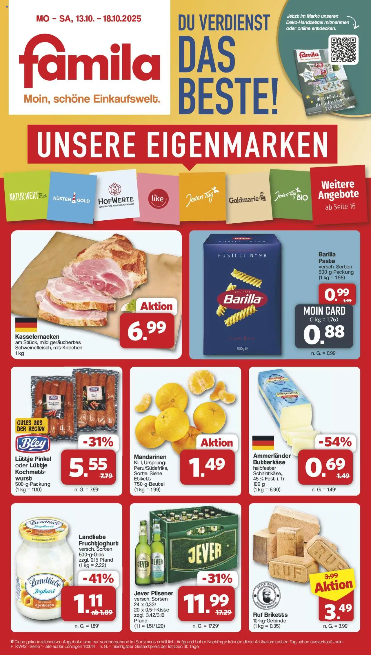 Famila Nordwest Prospekt 	 – gültig ab 13.10.2025 | Seite: 1 | Produkte: Butter, Mandarinen, Jever, Pasta