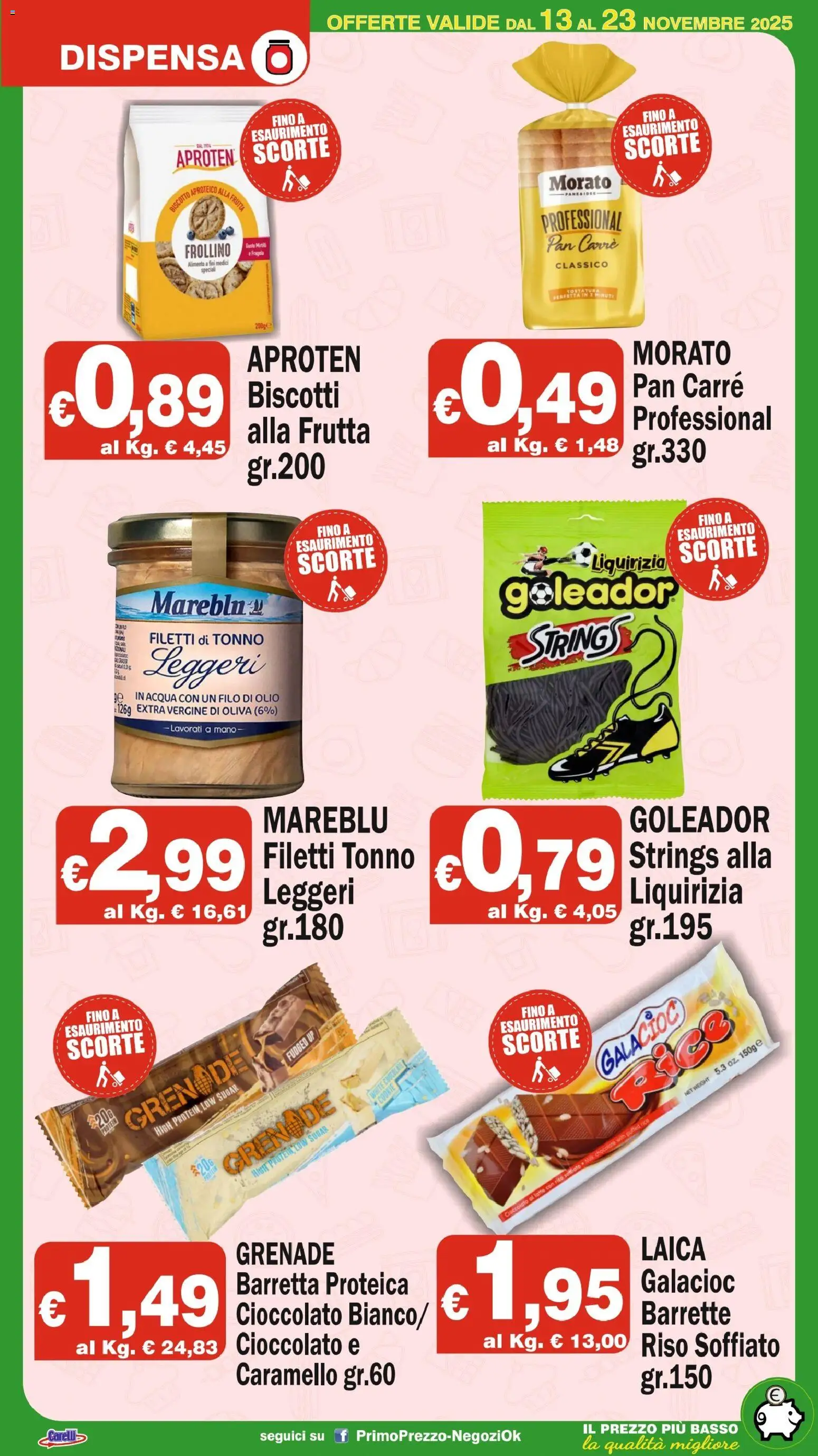 Volantino Primo Prezzo del 13.11.2025 | Pagina: 17 | Prodotti: Biscotti, Acqua, Frutta, Tonno