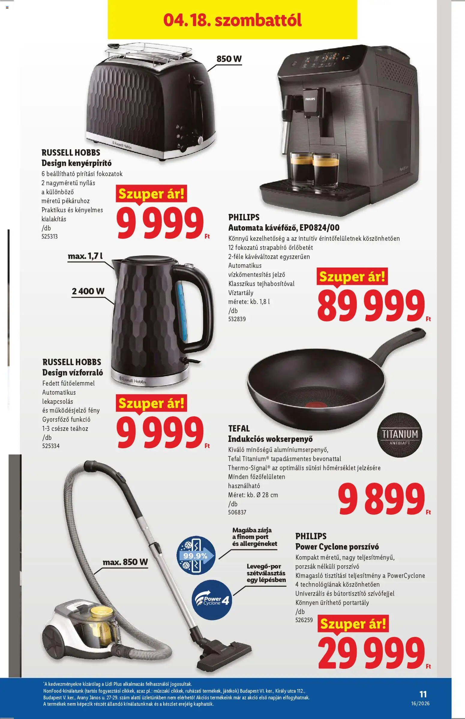 Lidl akciós ujság - amely érvényes a következő dátumtól: 16.04.2026 | Oldal: 11 | Termékek: Tefal, Vízforraló, Porszívó, Kenyérpirító
