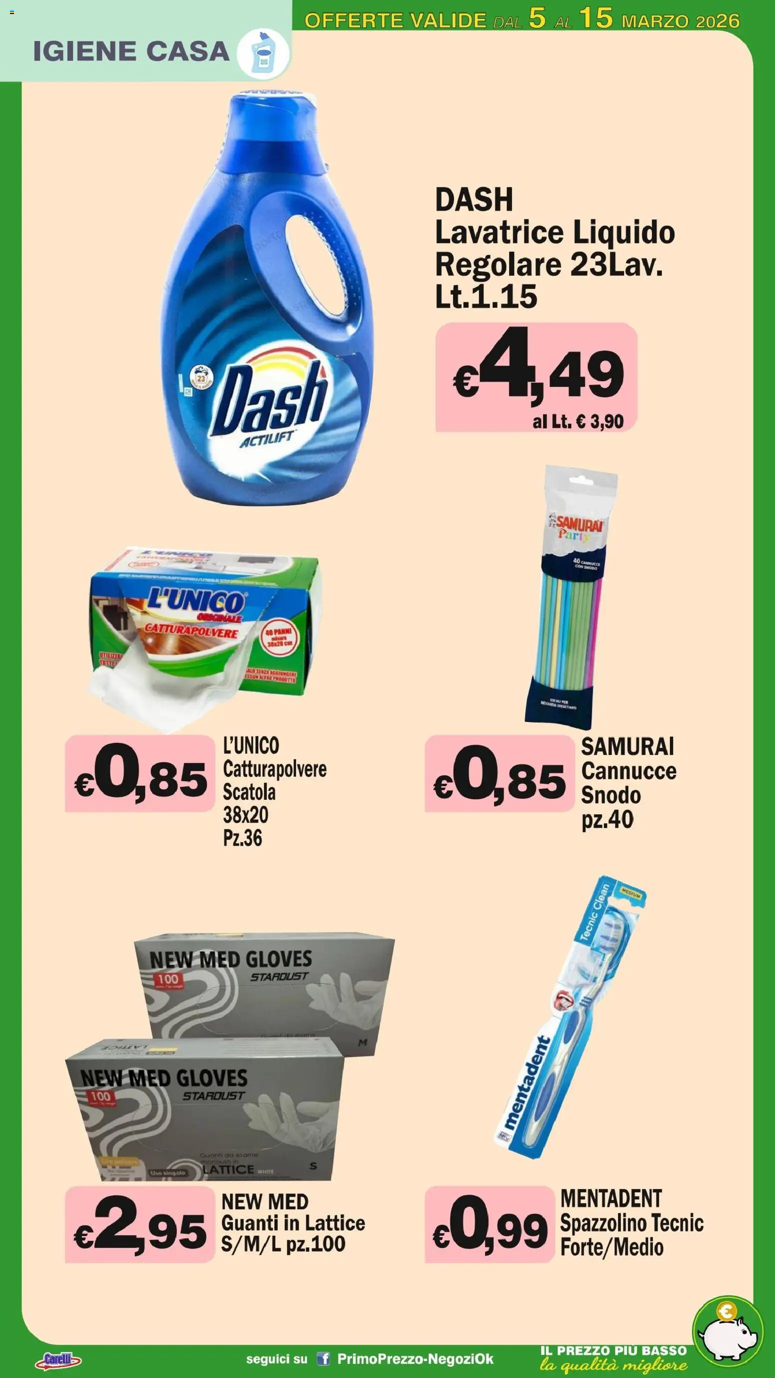 Volantino Primo Prezzo del 05.03.2026 | Pagina: 24 | Prodotti: Spazzolino, Guanti, Lavatrice, Scatola