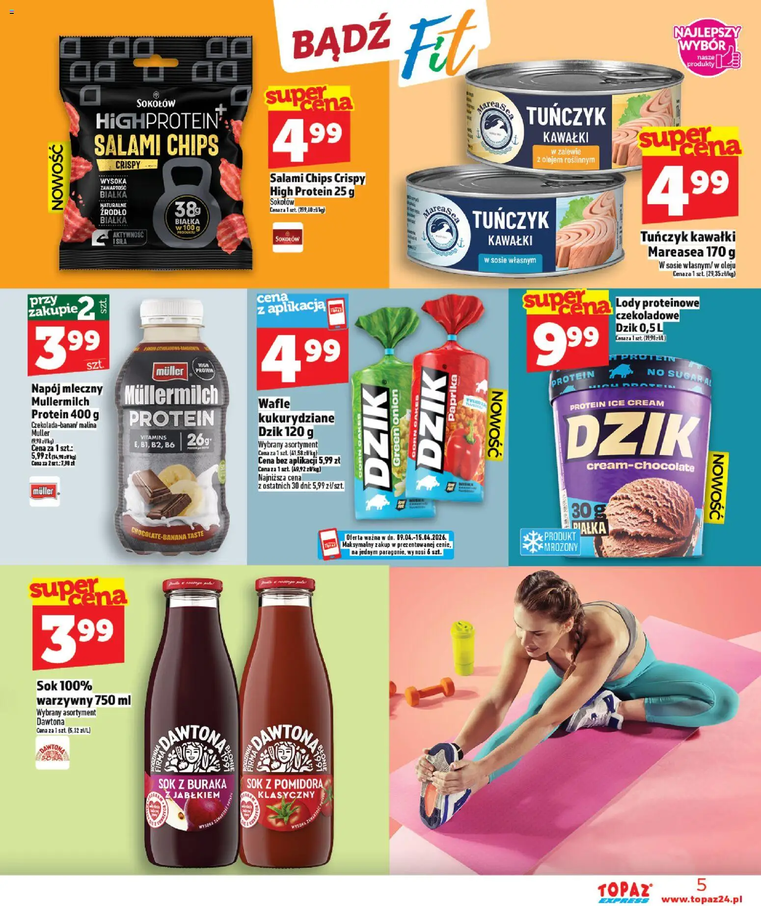 Topaz gazetka - Express od 09.04.2026 | Strona: 5 | Produkty: Wafle, Tuńczyk, Lody proteinowe, Salami